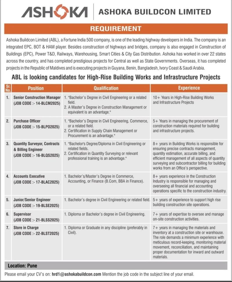 7 High-Paying Job Vacancies at Ashoka Buildcon Limited in Pune