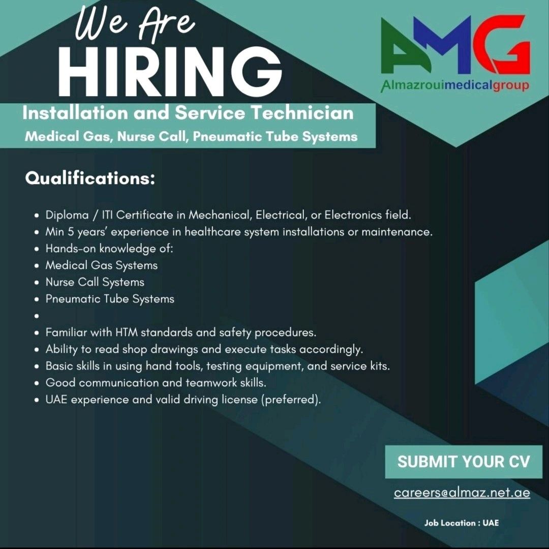 🌟 Excellent Almazroui Medical Group Installation and Service Technician Vacancy UAE 2025