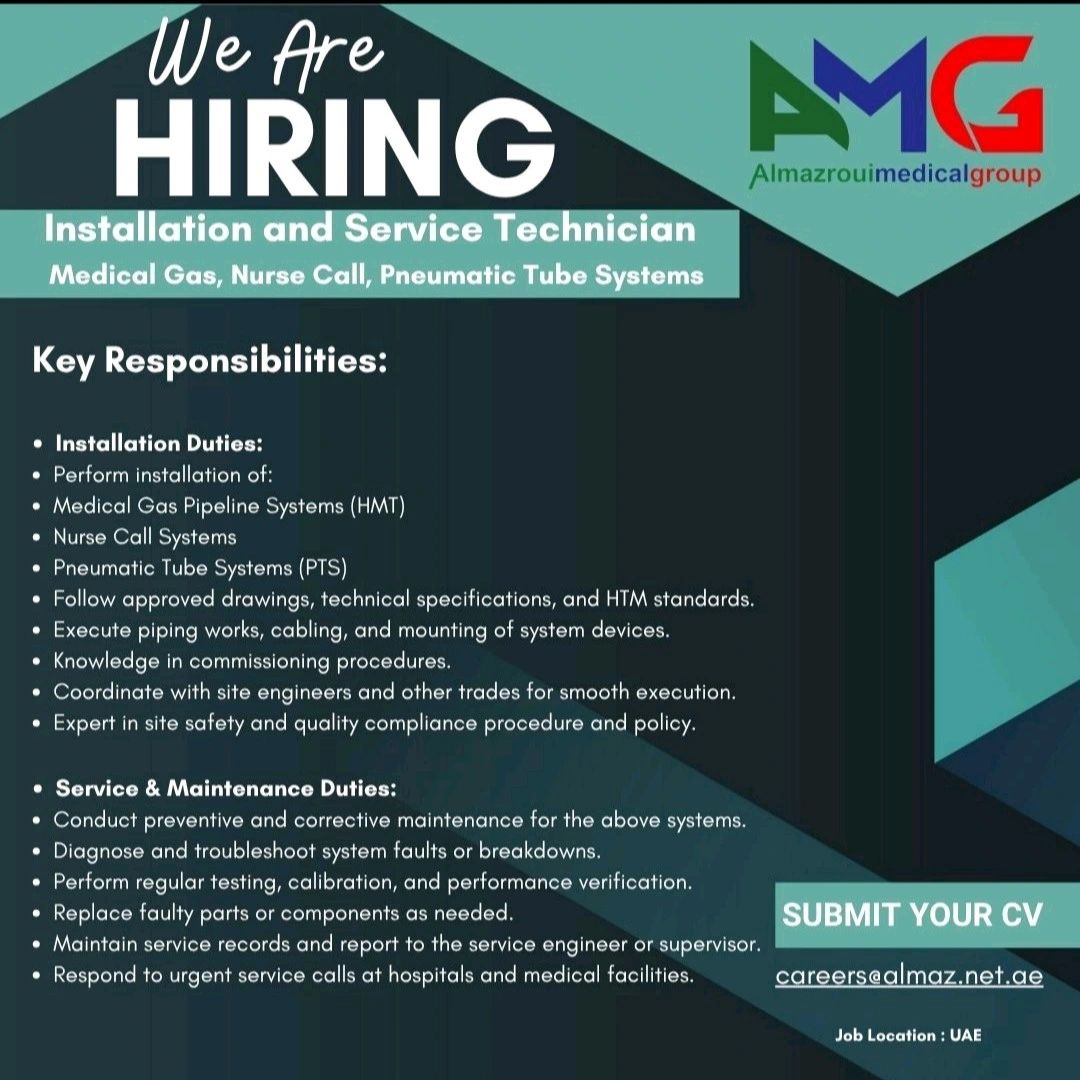 🌟 Excellent Almazroui Medical Group Installation and Service Technician Vacancy UAE 2025