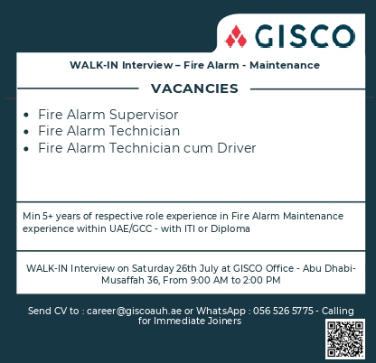 🔥 Excellent GISCO Fire Alarm Maintenance Vacancy UAE – 26 July 2025