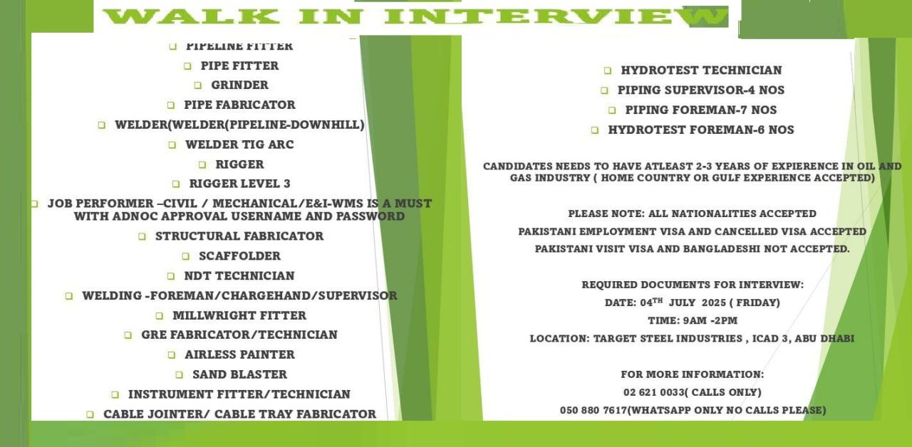 📢 Target Steel Industries Walk-In Interview in Abu Dhabi on July 4, 2025 – 37 Job Openings in Oil & Gas