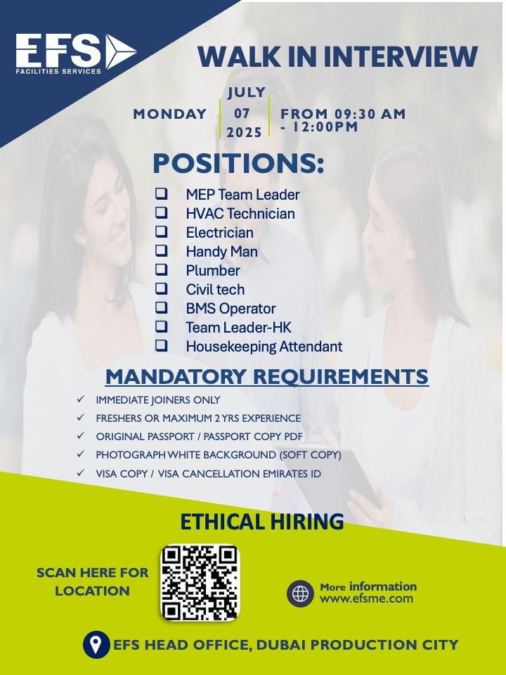 ๐EFS Facilities Services Walk-In Interview in Dubai โ July 7, 2025