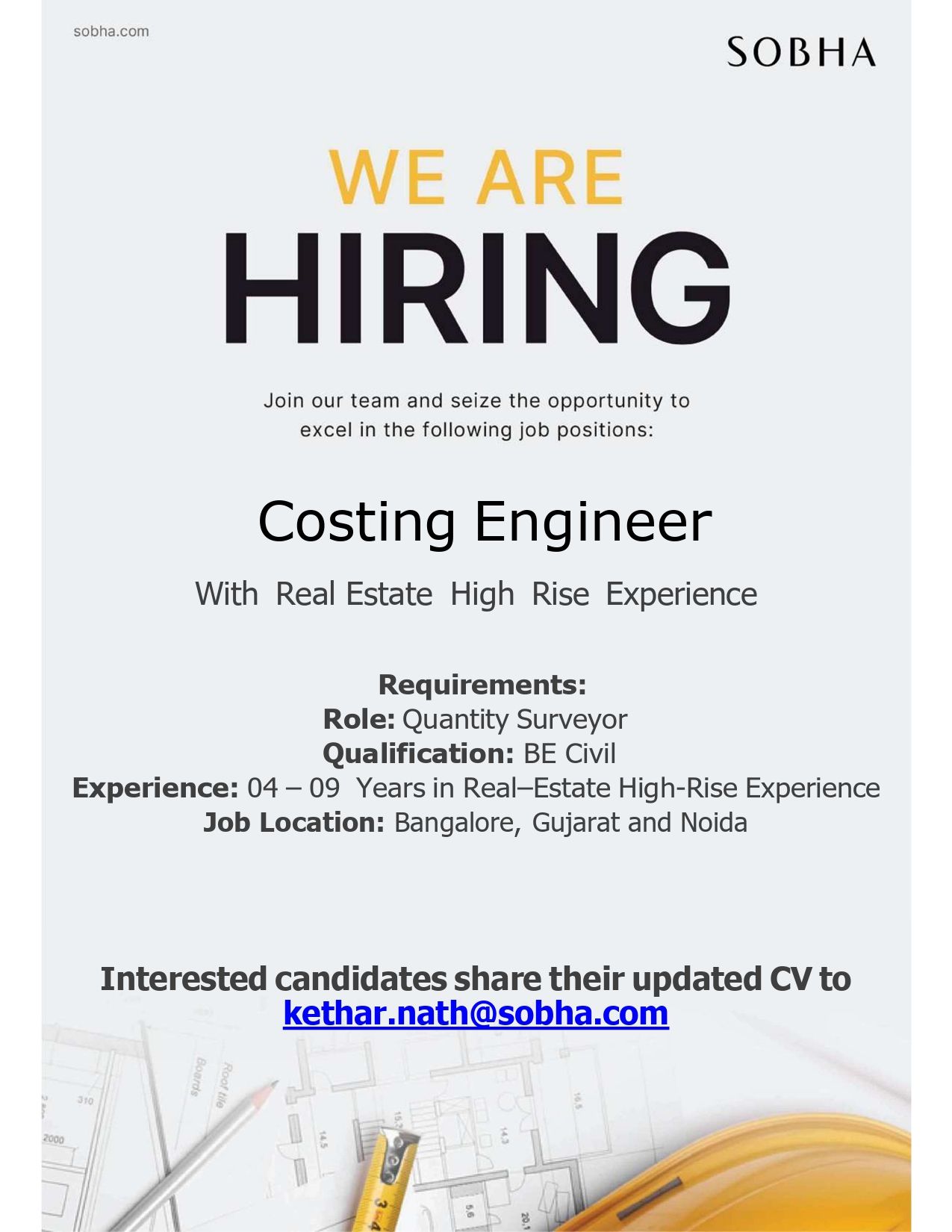 🌟 Hiring Alert in Bangalore – Sobha Ltd. Job Vacancies for Costing Engineers