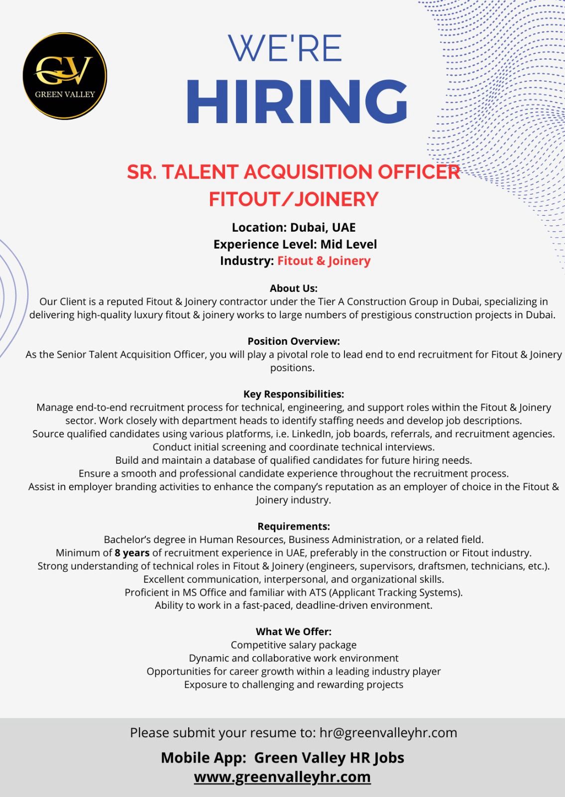 Excellent Green Valley HR Job Openings Dubai – Apply 2025