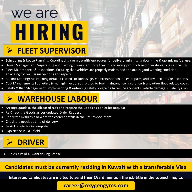 🌟 Oxygen Gym Kuwait Job Vacancies 2025: Hiring Fleet Supervisor, Driver & Labour