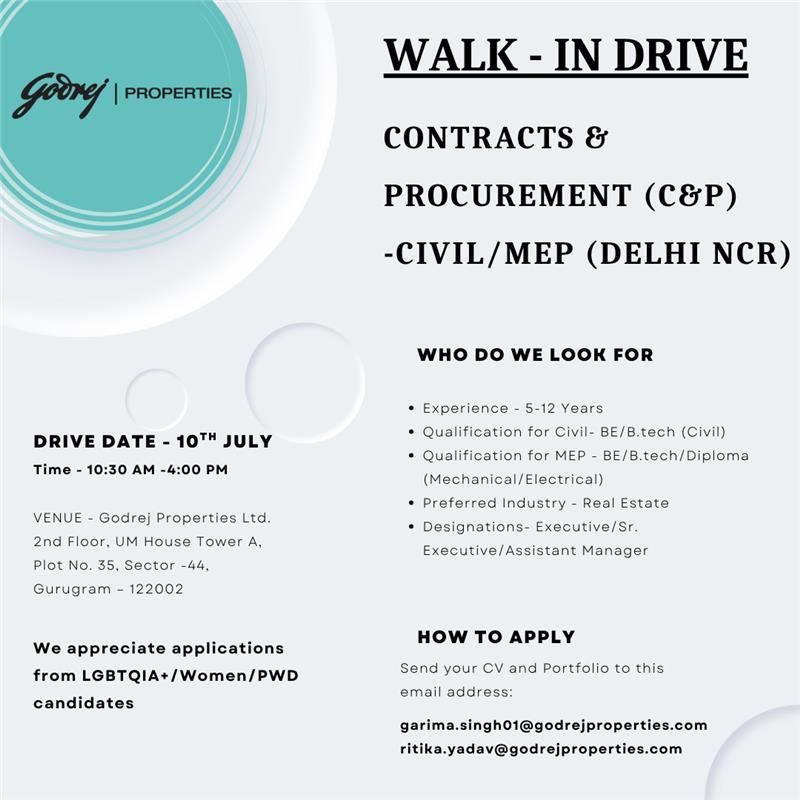 ✨ Walk-In Drive in Gurugram - Godrej Properties Hiring on 10 July 2025