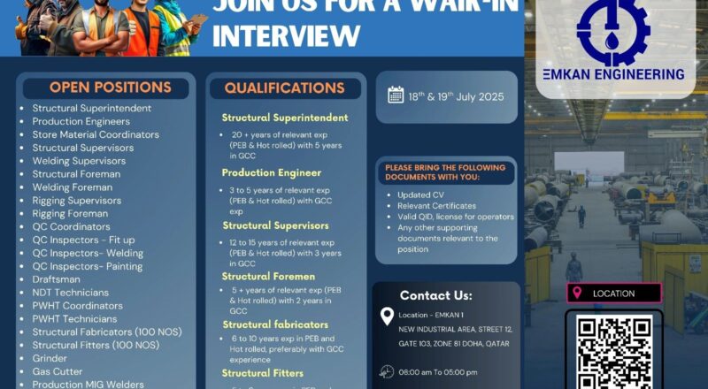 🚪 Emkan Engineering Qatar Walk-In Interviews on 18th & 19th July 2025