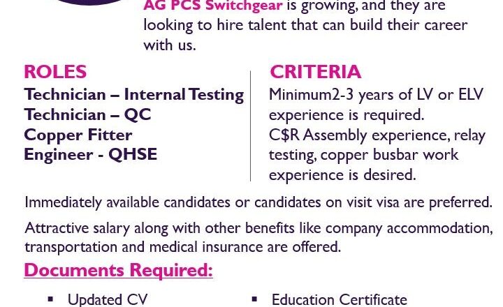 ⚡📍AG PCS Switchgear Walk-In Interviews Ajman 2025 – Apply on 12th July!