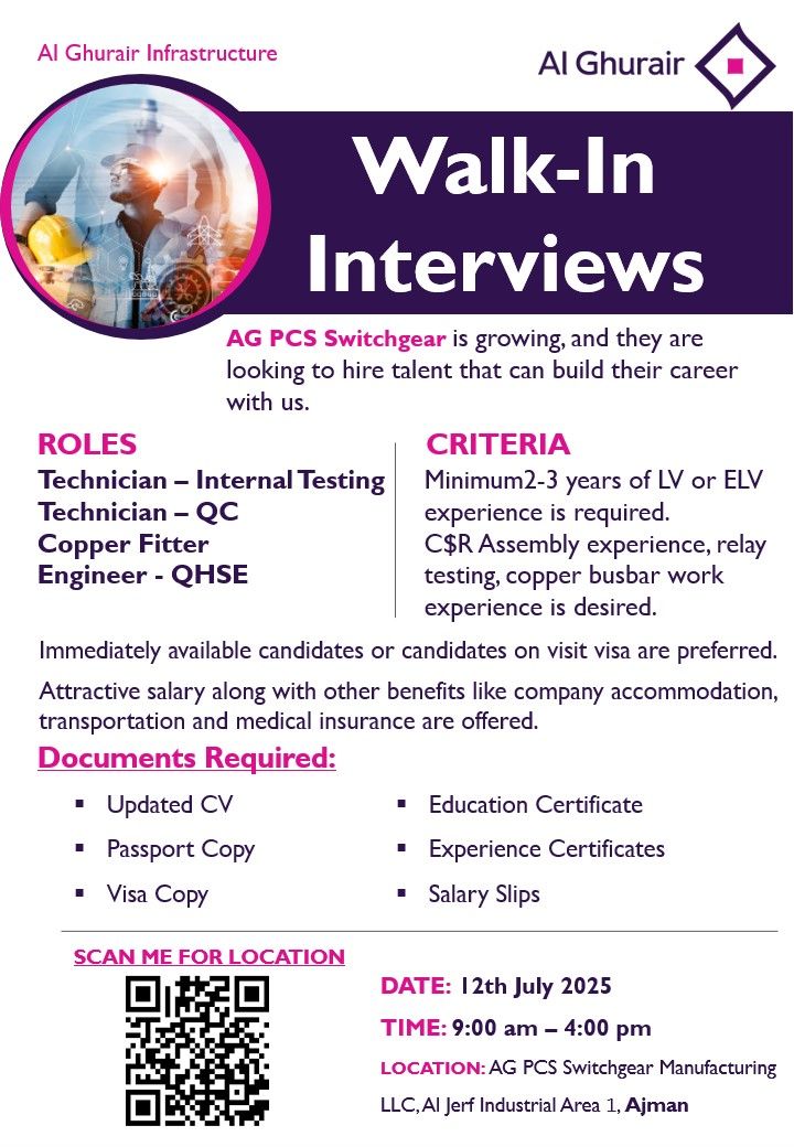 β‘πAG PCS Switchgear Walk-In Interviews Ajman 2025 β Apply on 12th July!