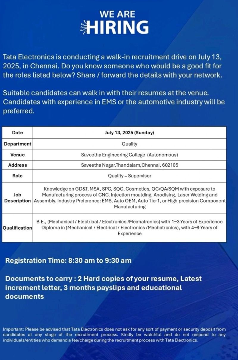 π Tata Electronics Job Vacancies in Chennai - Walk-In on July 13, 2025