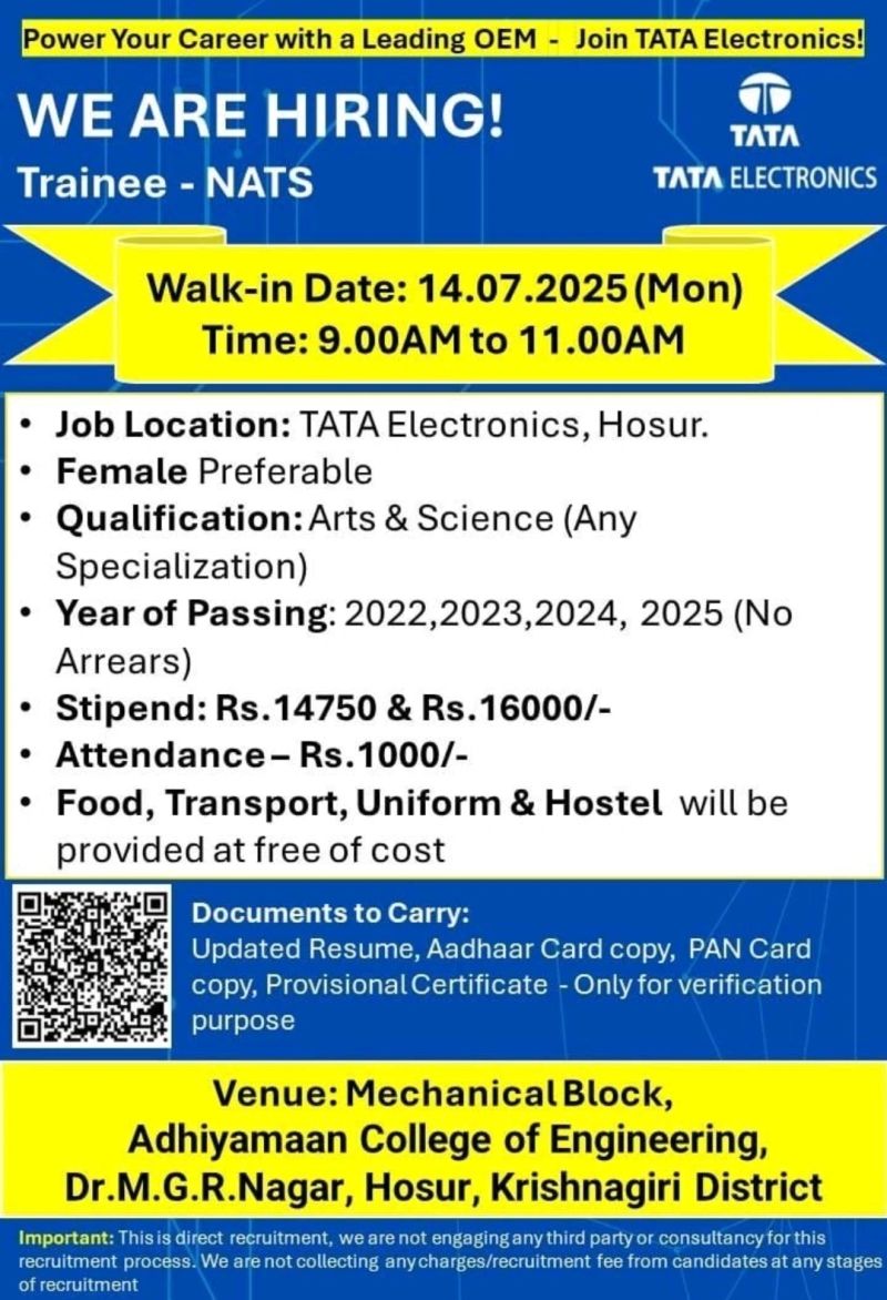 ✨ Excellent Tata Electronics Job Openings 14 July 2025 in Hosur