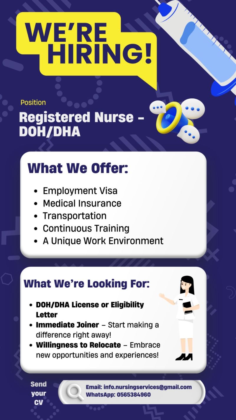 Empower Your Nursing Career in Dubai – Registered Nurse – DOH/DHA Vacancies 2025