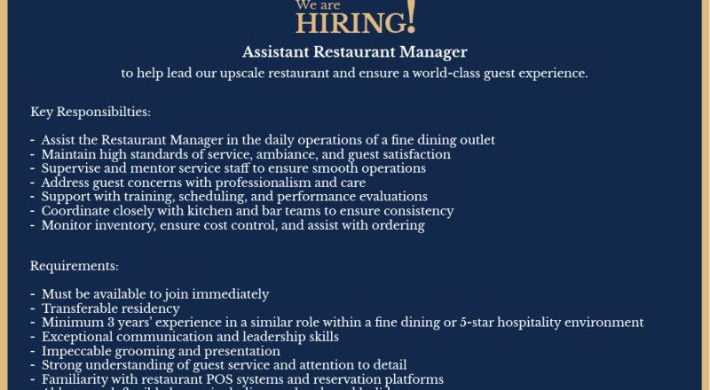 🍽️ Assistant Restaurant Manager Job Openings Kuwait 2025 at Meshaal Alshatti