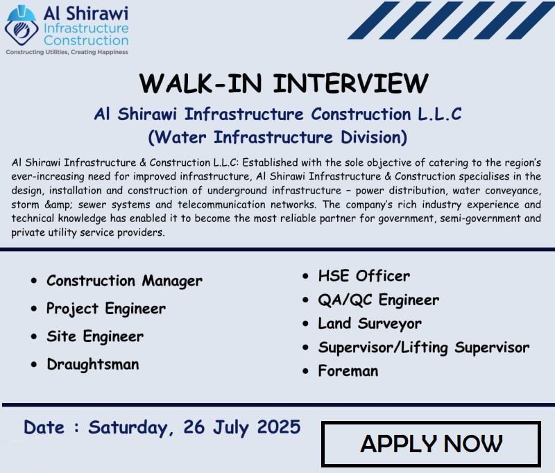 🌍 Walk-In Interview in UAE – Al Shirawi Infrastructure Construction L.L.C – 26 July 2025