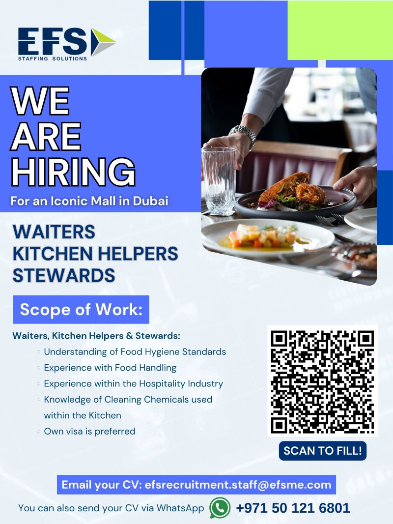 🌟 Excellent EFS Staffing Solutions Waiters Kitchen Helpers Stewards UAE Hiring Now