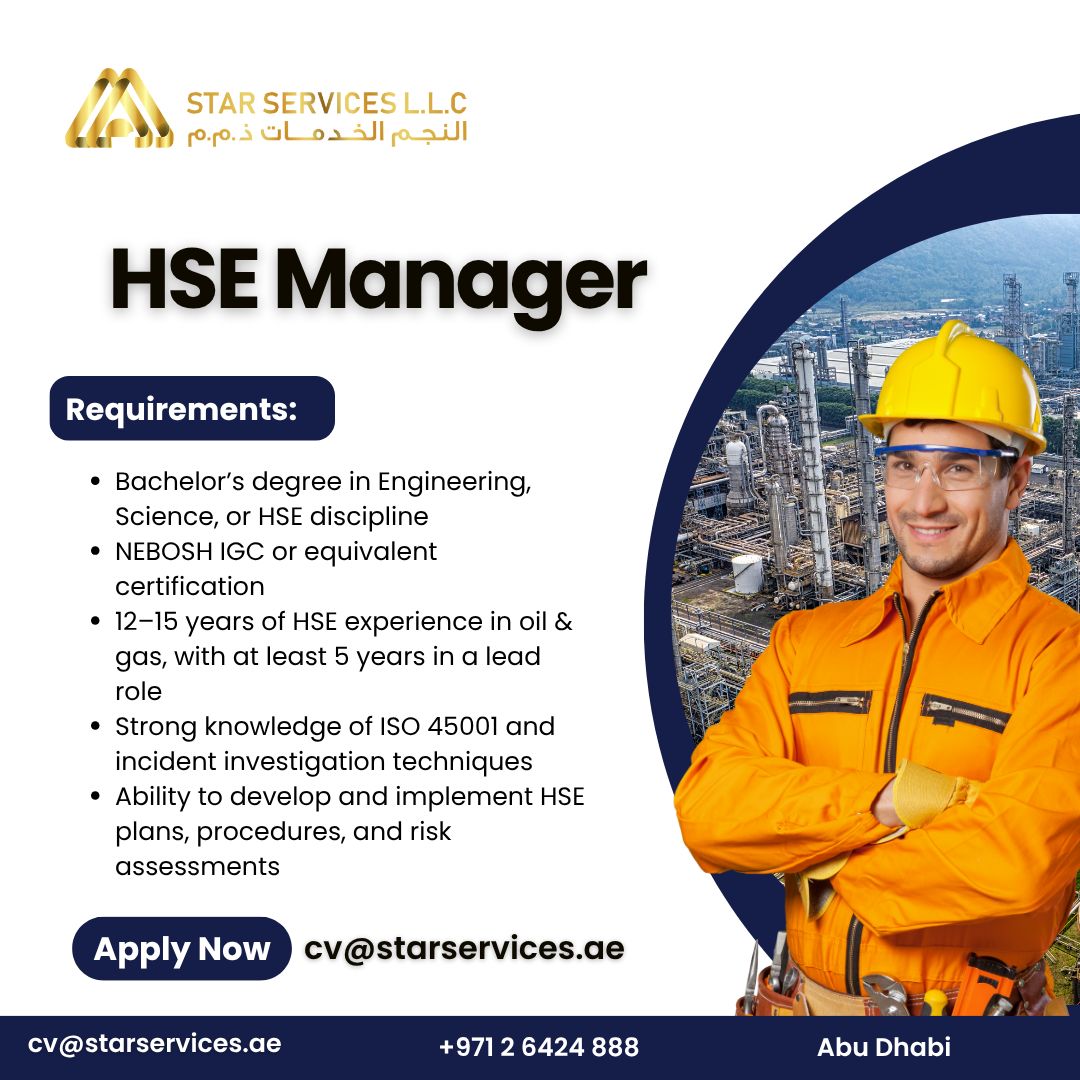 🛡️ Star Services HSE Manager and Engineer Jobs in Abu Dhabi 2025