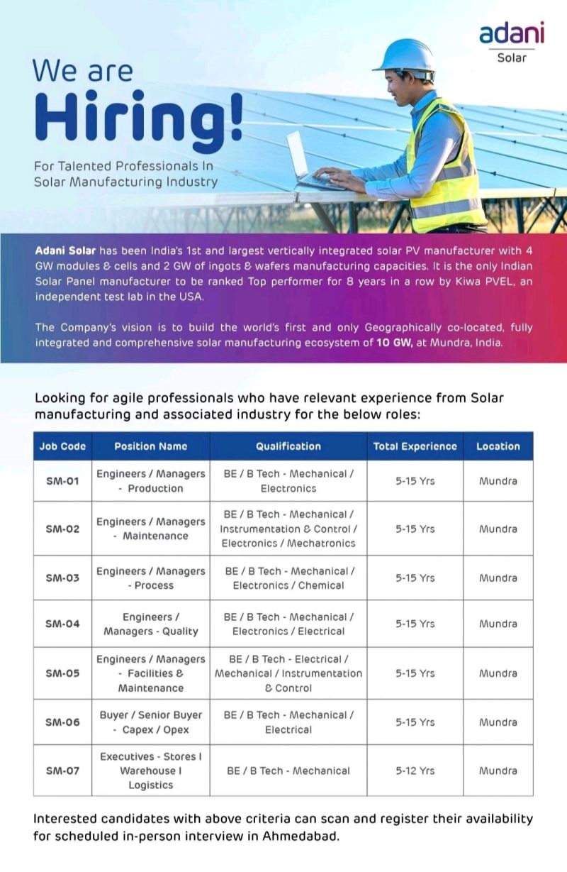 ๐ Adani Solar Job Vacancies in Ahmedabad - Walk-In July 12-13, 2025