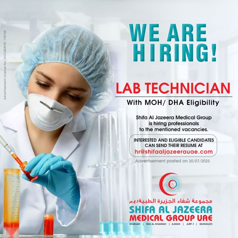 🌟 Urgent Openings: Shifa Al Jazeera Medical Group Lab Technician UAE , July 2025 !!!
