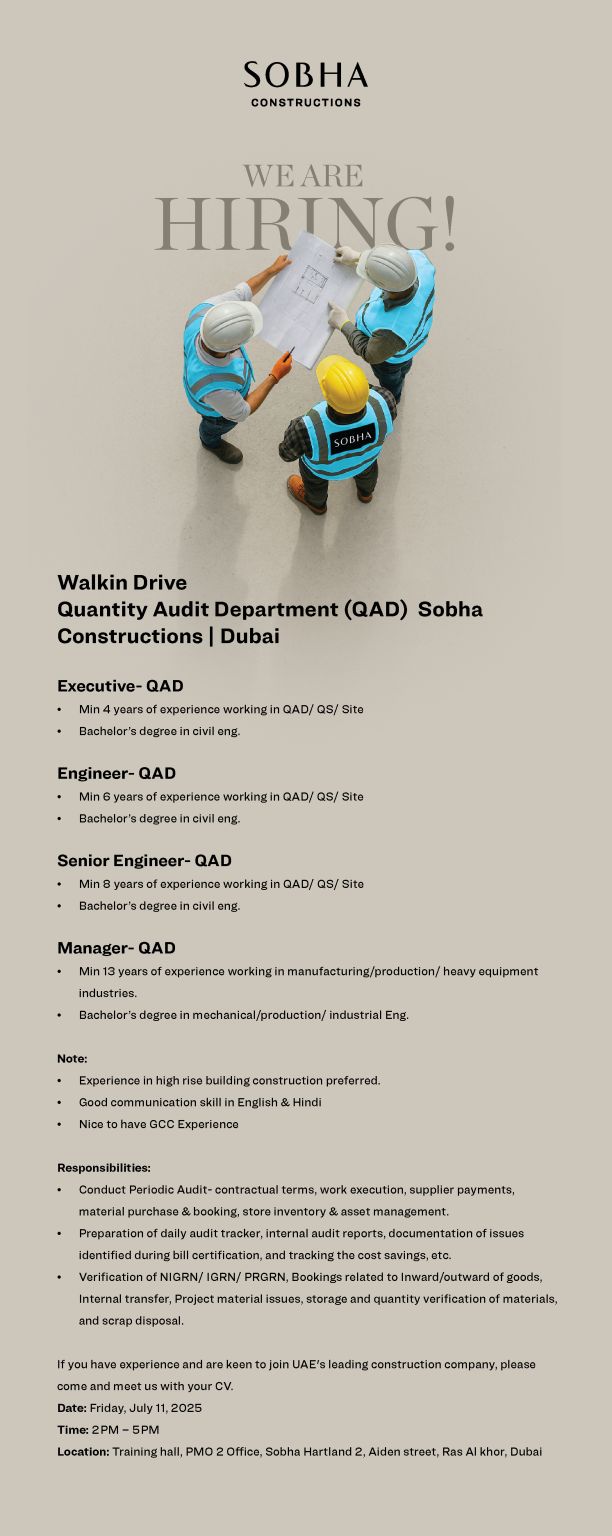 🚧 Job Vacancies at Sobha Constructions | Dubai | Walk-in Drive on July 11, 2025