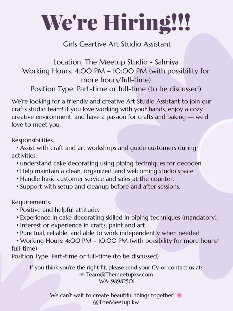 ✅ The Meetup Studio Kuwait Hiring 2025 | Girls Art Studio Assistant Jobs – Salmiya