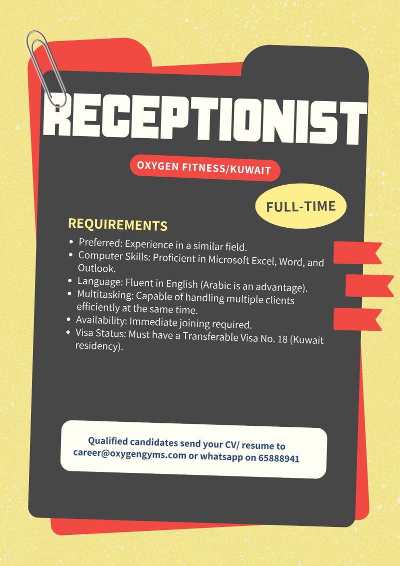 π Oxygen Fitness Kuwait Hiring Receptionist | Immediate Joining Required
