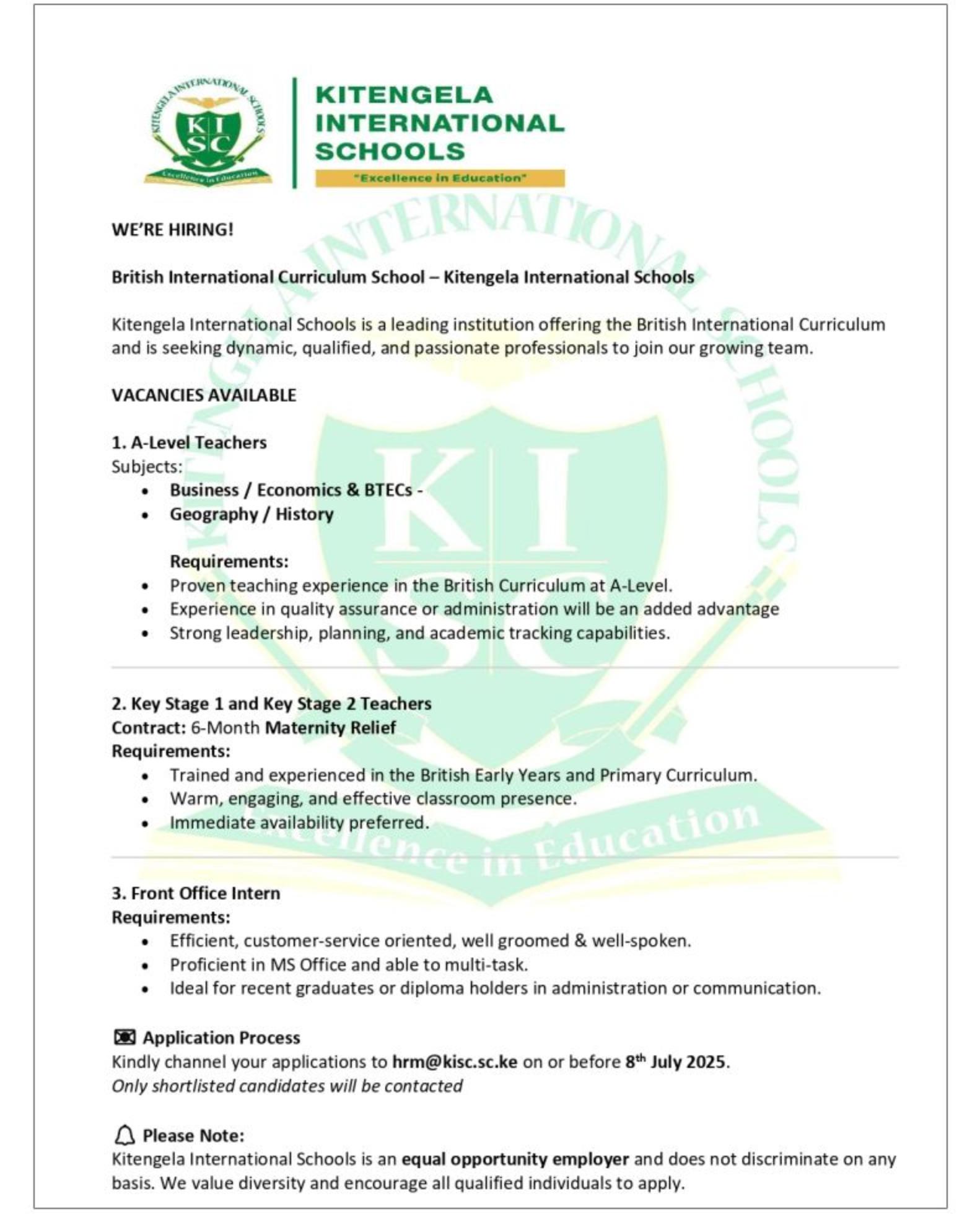 Walk in Interviews Abroad: Join Kitengela International School Teaching Jobs Kenya | 8th July