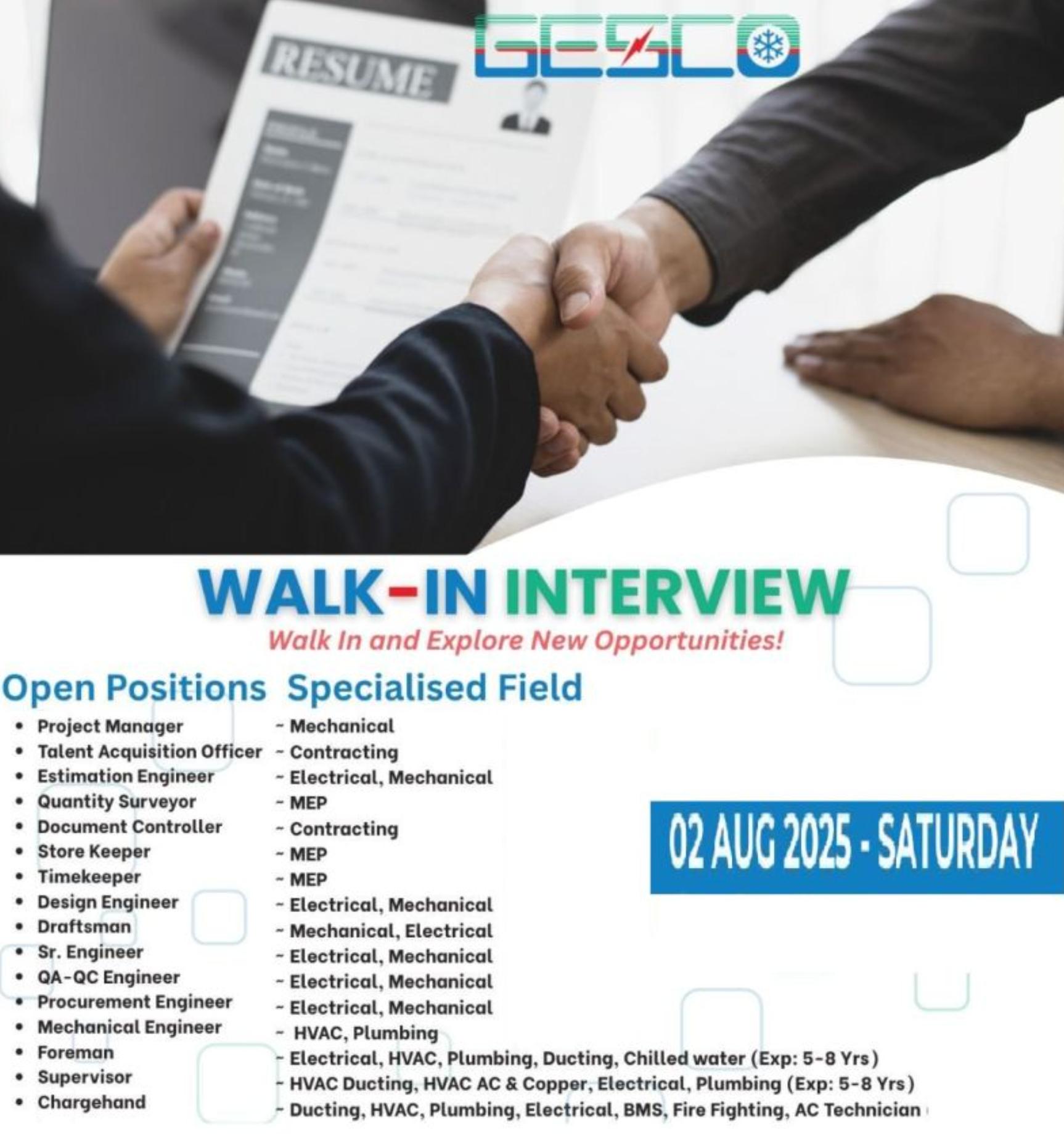 GESCO Dubai Walk-In Jobs 2025 – 17 Urgent Engineering & MEP Vacancies Hiring Now!