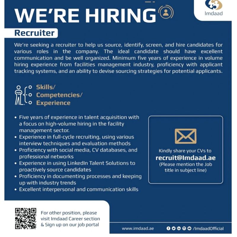 🚀 Incredible Opening at Imdaad – Recruiter Vacancy in United Arab Emirates (UAE), 2025