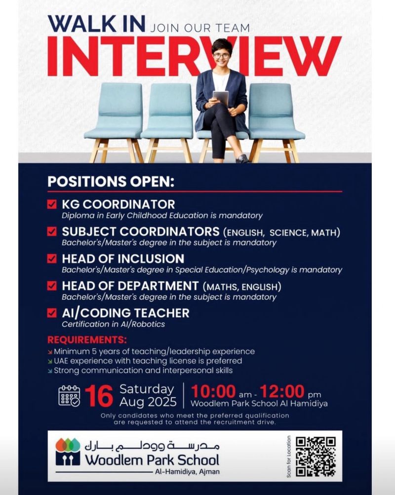 🌟 Woodlem Park School Vacancy UAE – Exciting Walk-in Interviews on 16 August 2025
