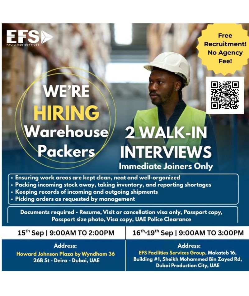 🚀 EFS Facilities Services – Warehouse Packers Vacancy in the United Arab Emirates – Walk In Interview on 15-19 September 2025