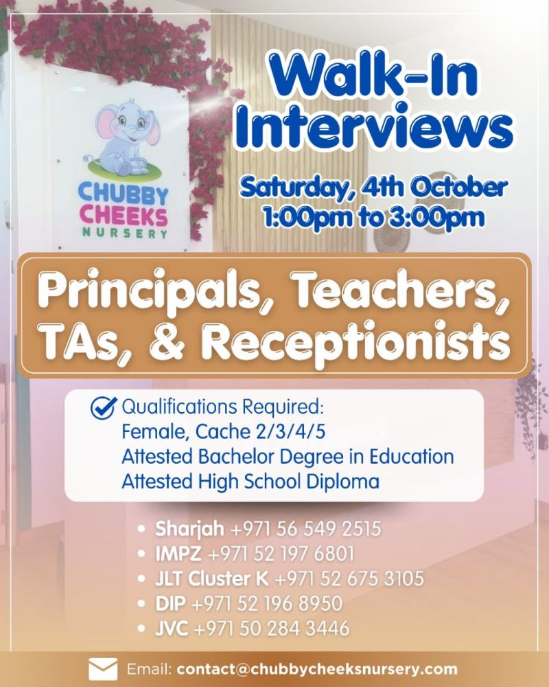 🌟 Chubby Cheeks Nursery Vacancy United Arab Emirates – Walk-in Interviews 4th Oct 2025 🌟