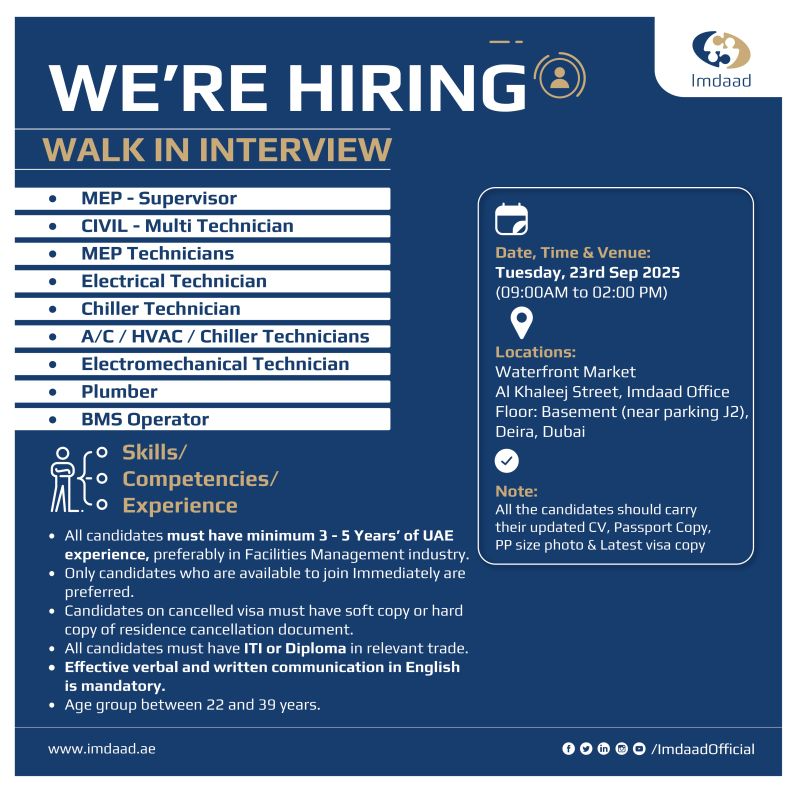 🌟 Imdaad – Walk in Interview Vacancies Dubai – 23rd September 2025