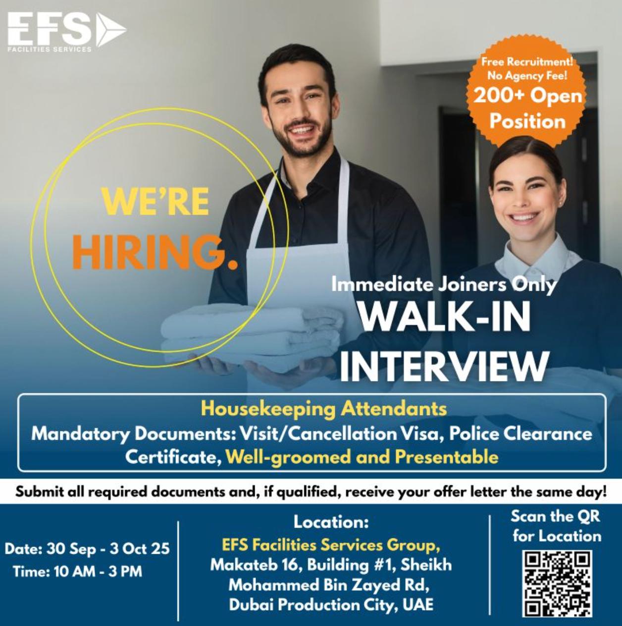 Dubai Housekeeping Jobs – Exciting Walk-In Interviews with EFS Facilities Services | 30th Sep 2025