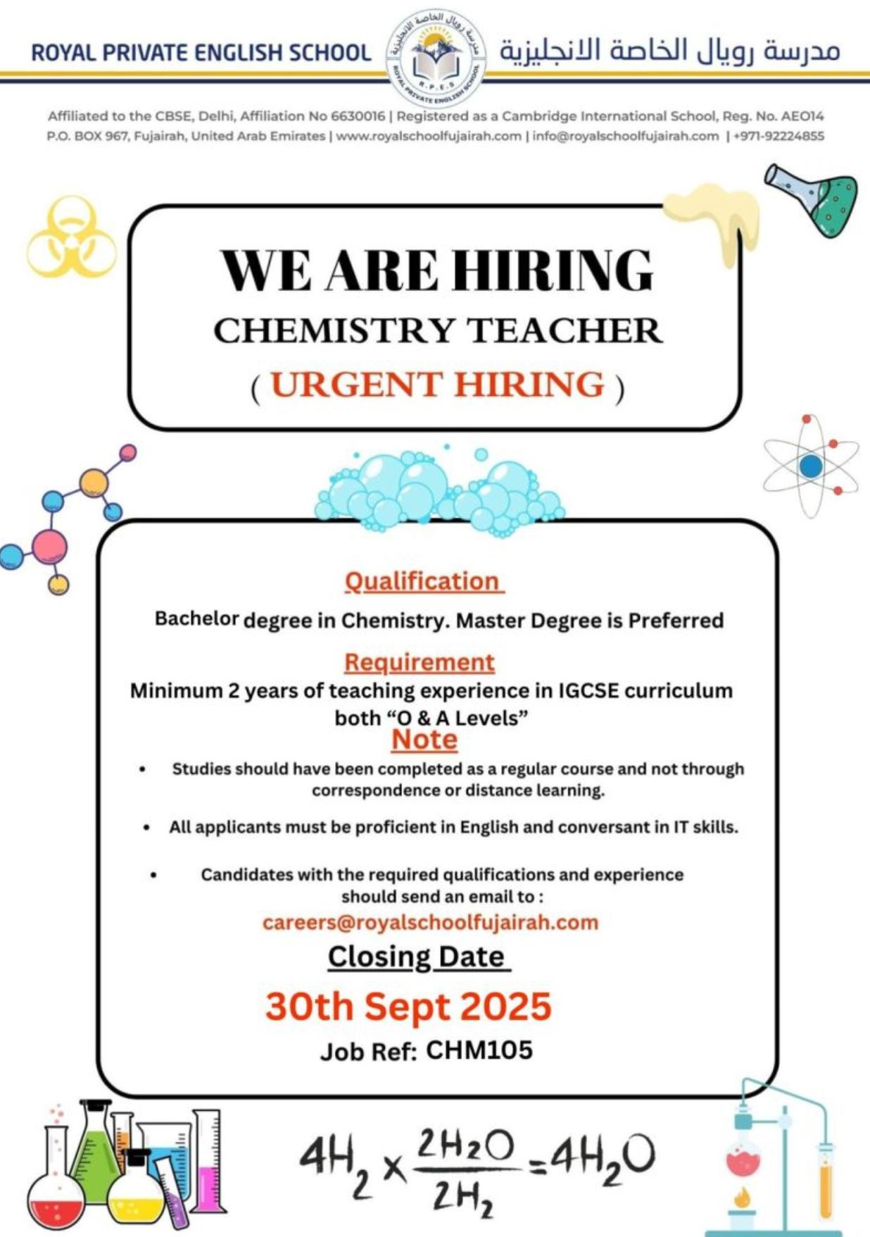 Chemistry Teacher Jobs UAE 2025 – Urgent Hiring at Royal Private English School