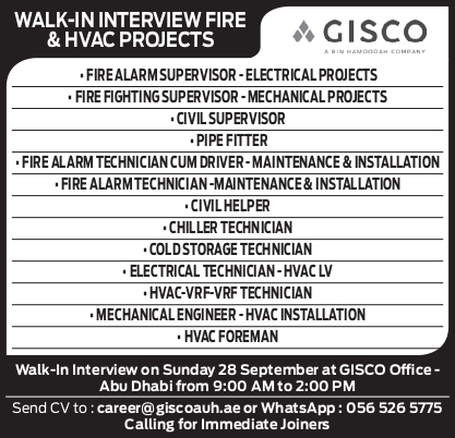 🌍 GISCO – Fire & HVAC Projects Vacancy in Abu Dhabi – Walk-in Interview 28 September 2025