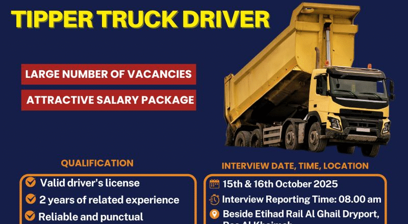 🌍 Star Services LLC – Tipper Truck Driver Vacancy in UAE (Walk-in Interview on 15th & 16th October 2025)