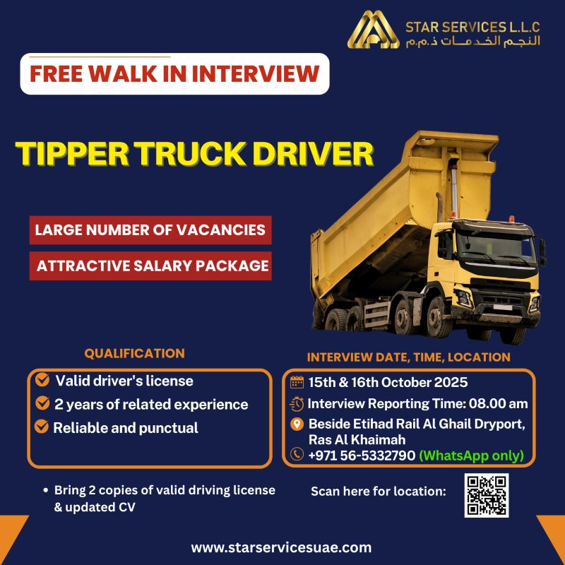 π Star Services LLC β Tipper Truck Driver Vacancy in UAE (Walk-in Interview on 15th & 16th October 2025)
