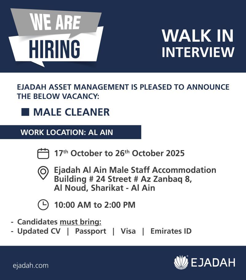 🌟 Ejadah – Male Cleaner Vacancy in the United Arab Emirates | Walk-In Interview on 17th to 26th October, 2025