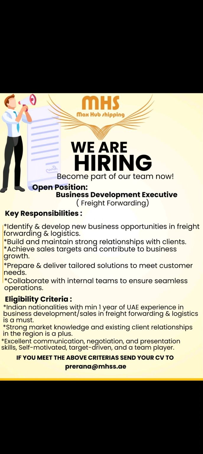 🚀 MHS Max Hub Shipping – Business Development Executive Vacancy in UAE 2025