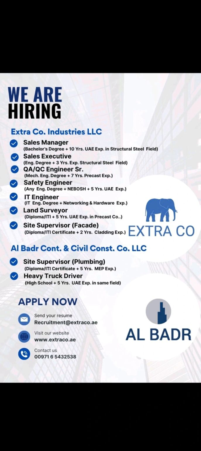 🚀 Extra Co. Industries LLC – Multiple Job Vacancies in the United Arab Emirates 2025