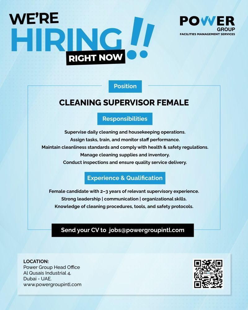 ✨ Power Group Facilities Management Services – Cleaning Supervisor Vacancy in United Arab Emirates 2025 – Apply Immediately