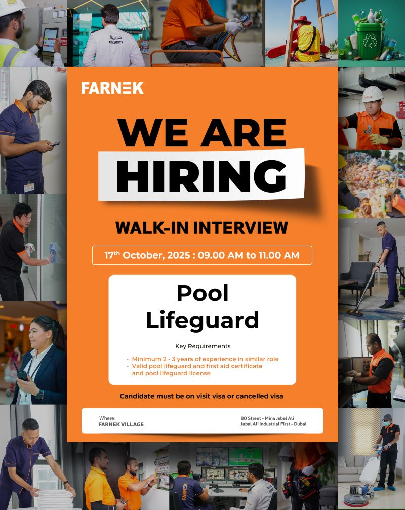 🏊 Farnek – Pool Lifeguard Vacancy in the United Arab Emirates (Walk-in Interview on 17 October 2025)
