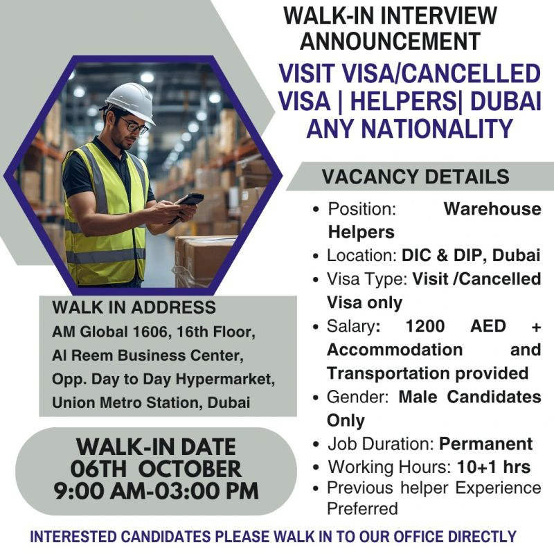 🚨 AM Global – Warehouse Helper Vacancies in Dubai | Walk-In Interview on 6th Oct, 2025