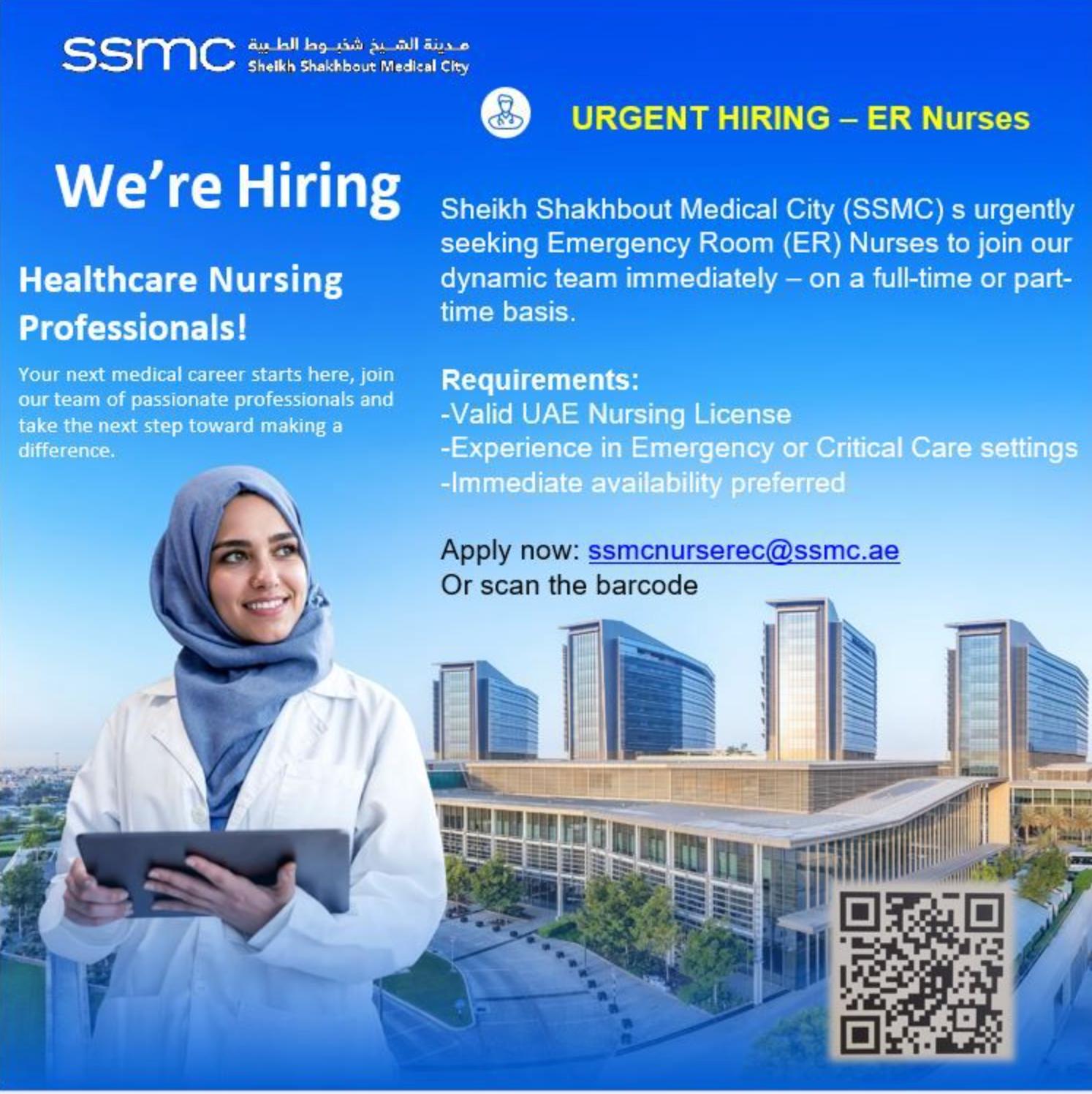 UAE Nursing Jobs 2025 – Sheikh Shakhbout Medical City (SSMC) Hiring Emergency Room Nurses Now!