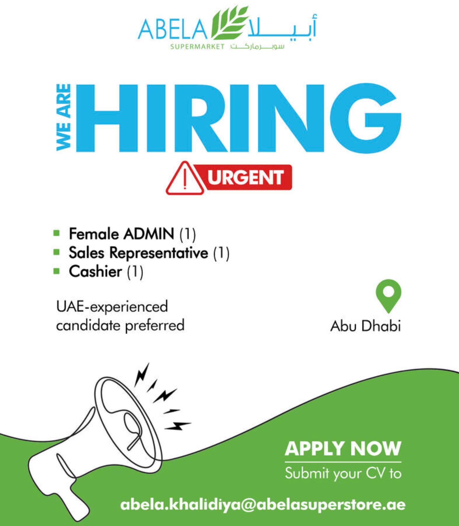Abu Dhabi Supermarket Jobs 2025 – Join Abela Supermarket Hiring Admin, Sales & Cashier Roles! Apply Now