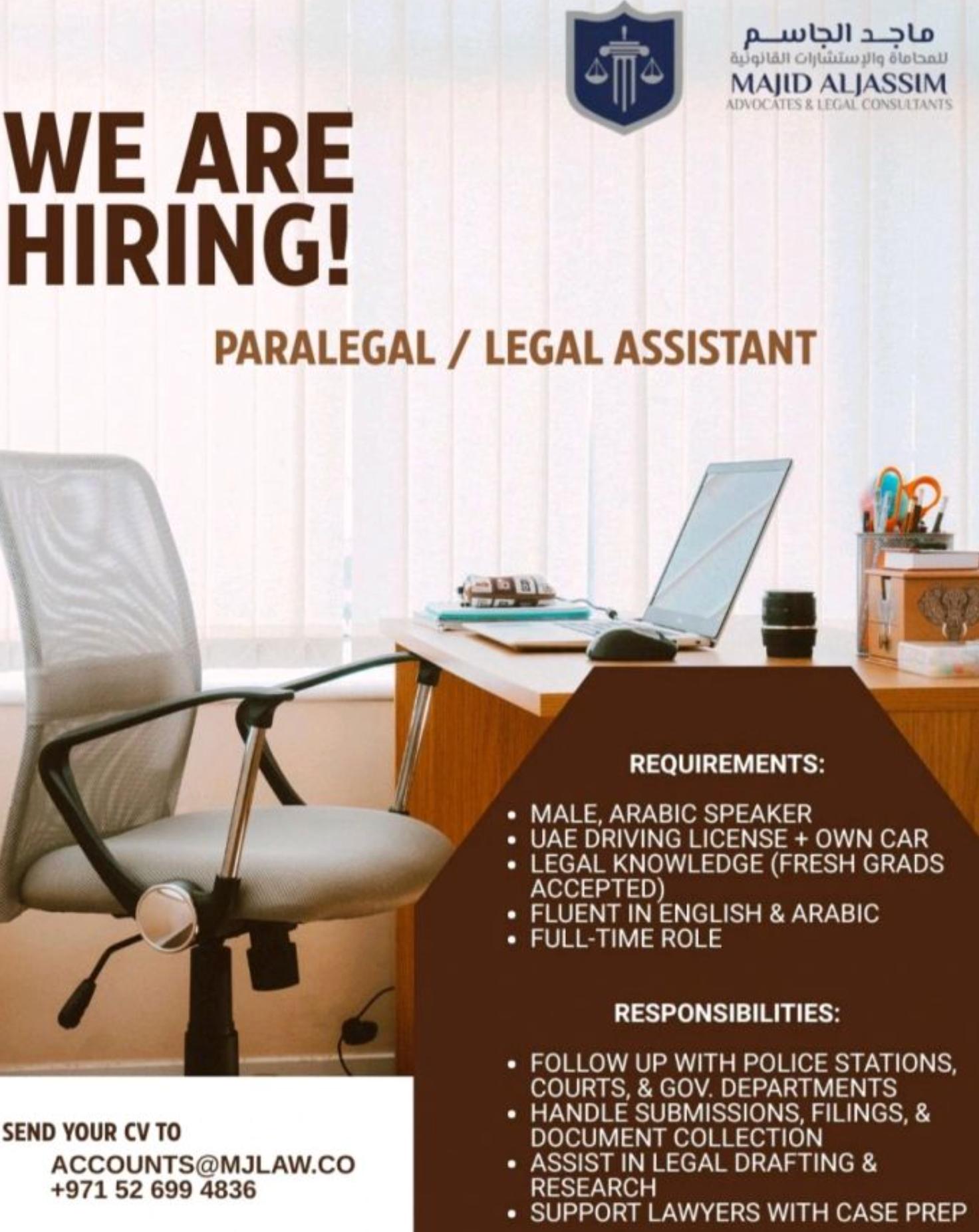 Paralegal Jobs in Dubai 2025 – Exciting Legal Assistant Opportunities at Majid Al Jassim Advocates