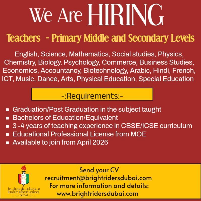 🌟 Bright Riders School Dubai Teaching Jobs 2026 in the United Arab Emirates – Apply Before 09.11.2025