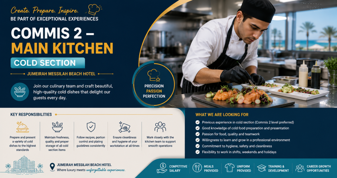 Commis 2 – Main Kitchen cold section – Jumeirah Messilah Beach hotel